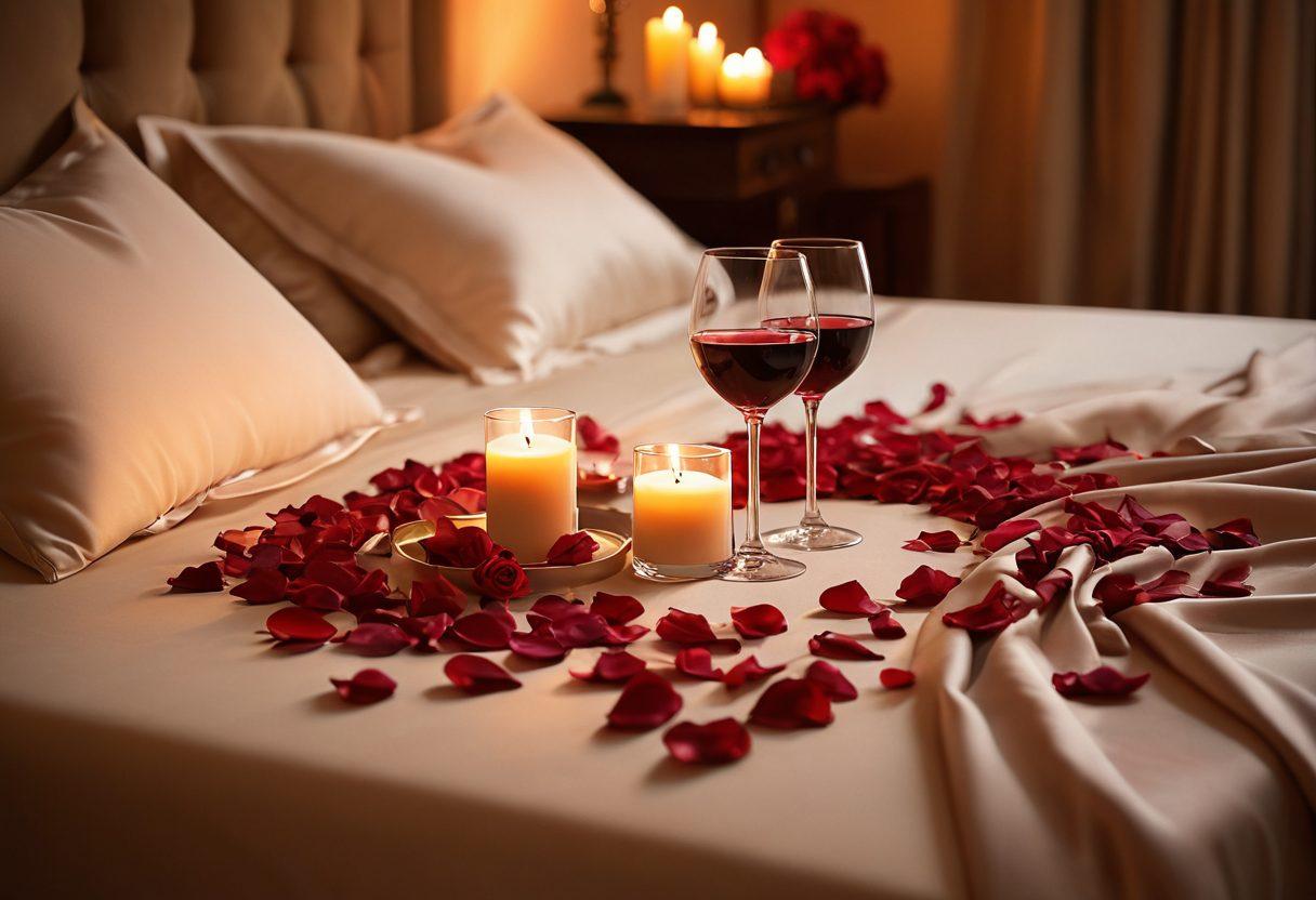 A romantic candlelit scene set in a cozy bedroom, featuring soft silk sheets, a bottle of wine, and two glasses with reflections of flickering candles. Subtle hints of sensuality conveyed through rose petals scattered on the bed and dim, warm lighting creating an intimate atmosphere. Vibrant colors contrasted with soft shadows to evoke passion and intimacy. super-realistic. warm tones. 3D.