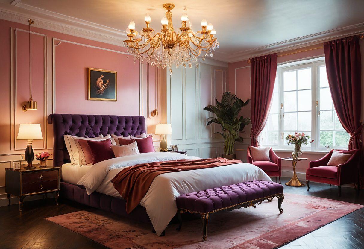 A whimsical and playful scene depicting a lavishly decorated bedroom filled with diverse kink elements like silk ropes, luxurious toys, and a plush bed with soft lighting casting a warm glow. Include abstract illustrations of couples exploring their desires, showcasing themes of consent and communication. The background should have elegant decor with a hint of mystery. soft focus. vibrant colors. sensual undertones. vintage illustration.