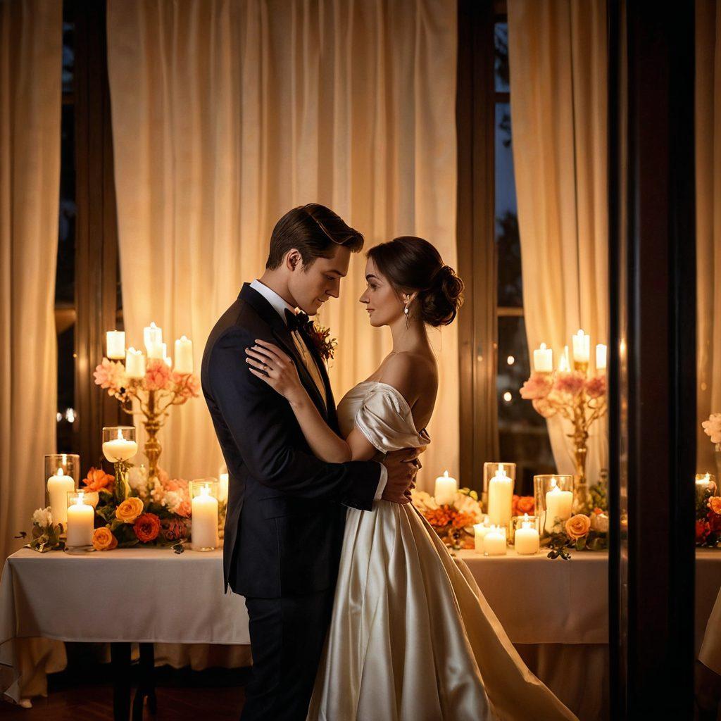 A romantic, softly lit scene featuring an elegant couple exchanging glances, surrounded by candles and rich fabrics that evoke warmth and intimacy. The background should showcase a hint of a moonlit window with gentle drapes, creating a dreamy atmosphere. Include subtle elements of art and passion, like brush strokes or sketches, in the decor. Delicate floral arrangements add a touch of romance. super-realistic. vibrant colors. cozy ambiance.